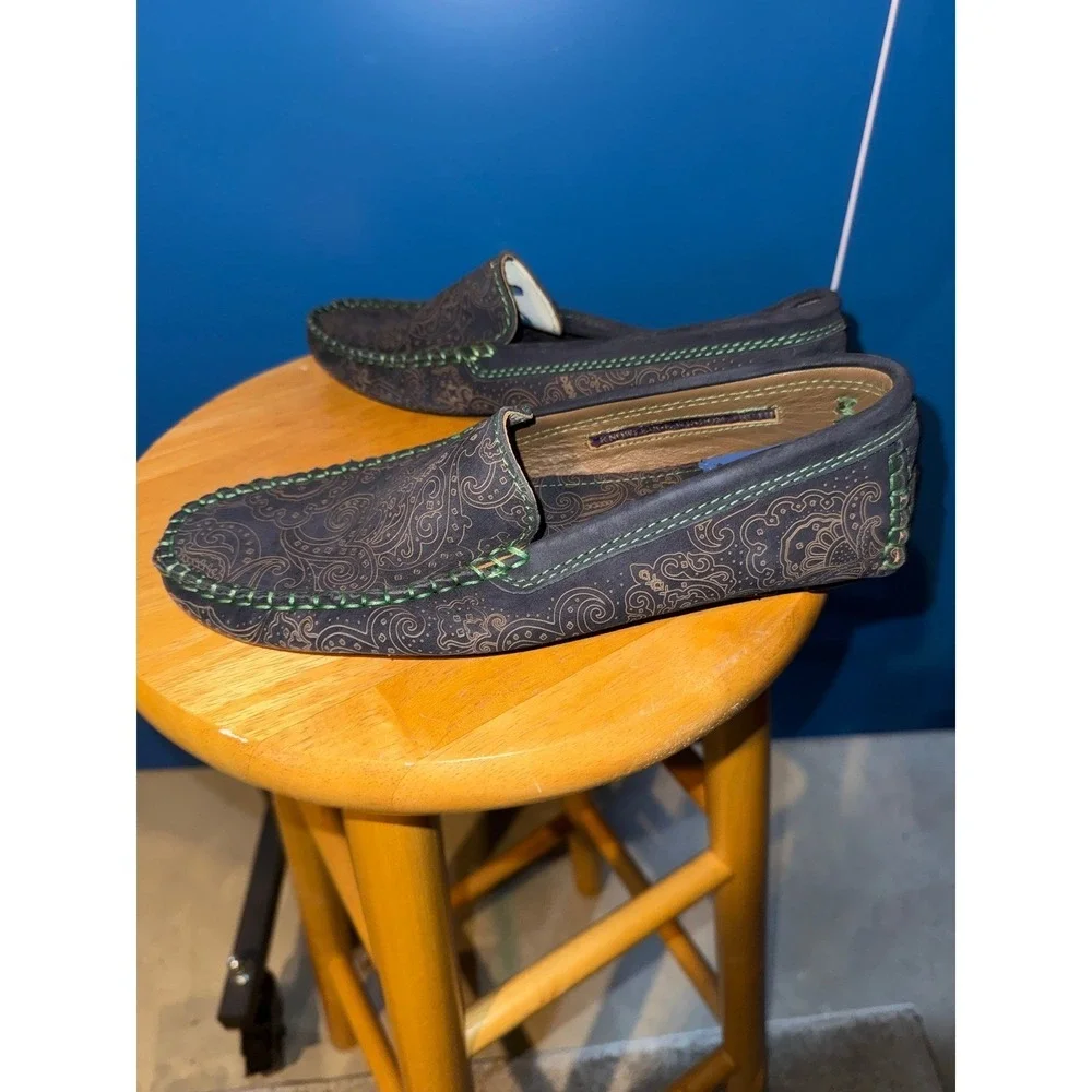 Robert Graham Mens Navy Paisley Laser Etched Suede Driving Loafers‎ Size 8.5